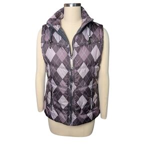 Vanity Women's Checkered Plaid Quilted Puffy Puffer Vest Purple Silver Like New